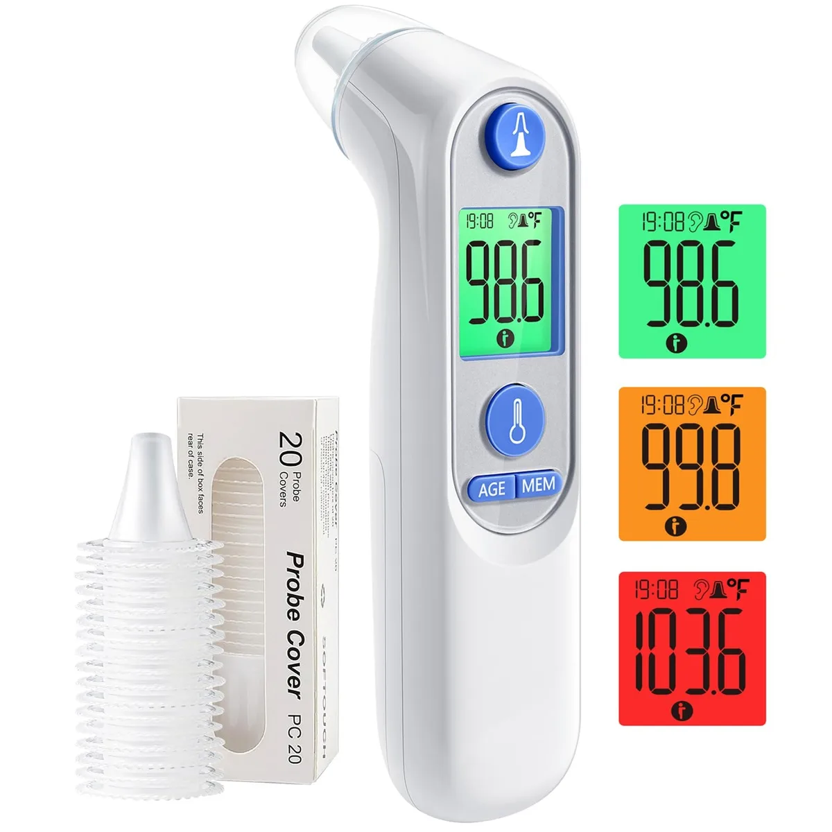 White digital ear thermometer with hygiene cap ejector and colour display