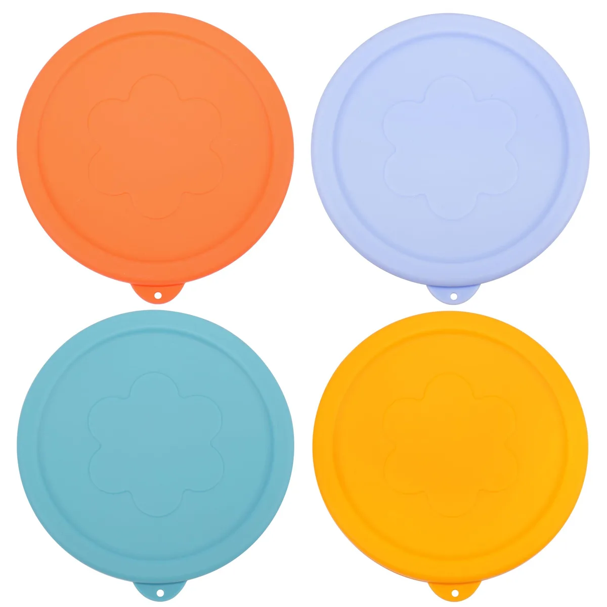 Four round silicone lids in assorted colours, stacked flat