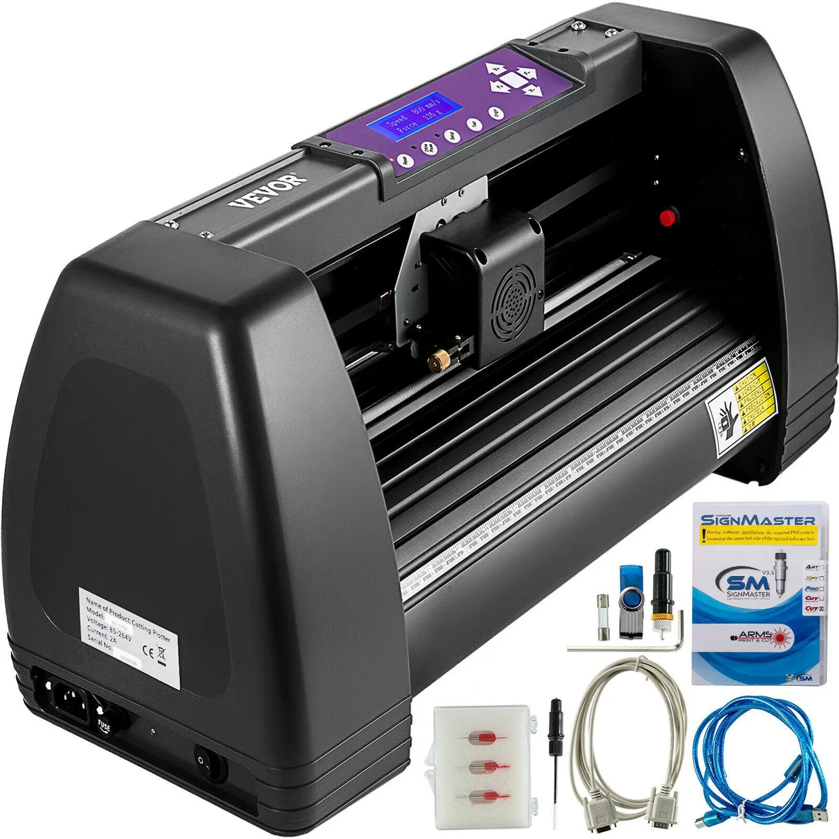 Compact desktop vinyl cutter, light grey finish, LCD screen, three pinch rollers, rounded corners, U-Disk port visible