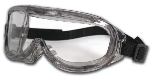 Clear wraparound polycarbonate safety goggles with adjustable headband and indirect vents