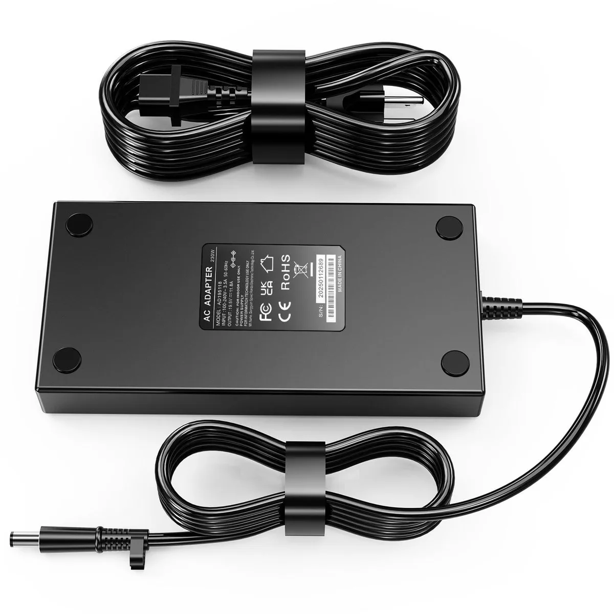 Black rectangular power brick with 7.4x5.0mm barrel connector and detachable US mains lead