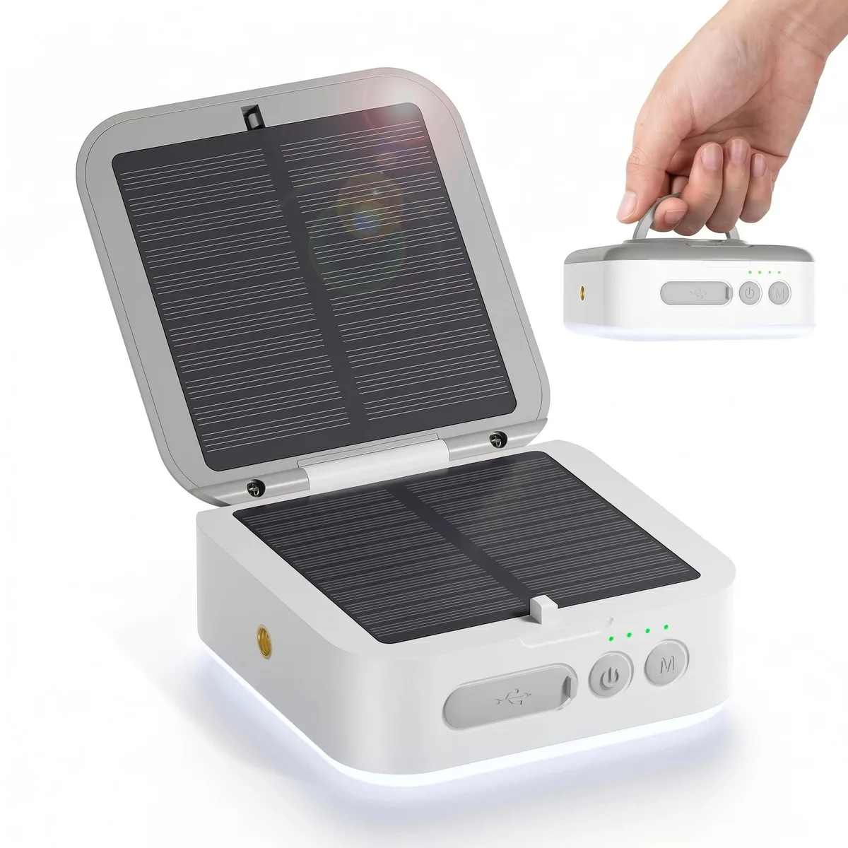 Compact black rectangular lantern with foldable handle and solar panel on top