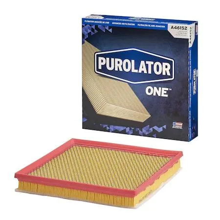White rectangular pleated paper air filter with black rubber seal and PurolatorONE branding