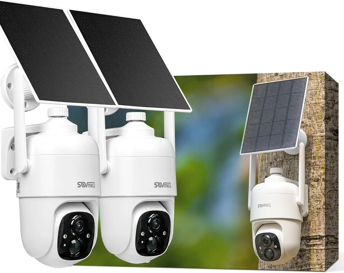 White outdoor security camera with solar panel on top, cylindrical body, 360° rotating lens, wall-mount bracket visible