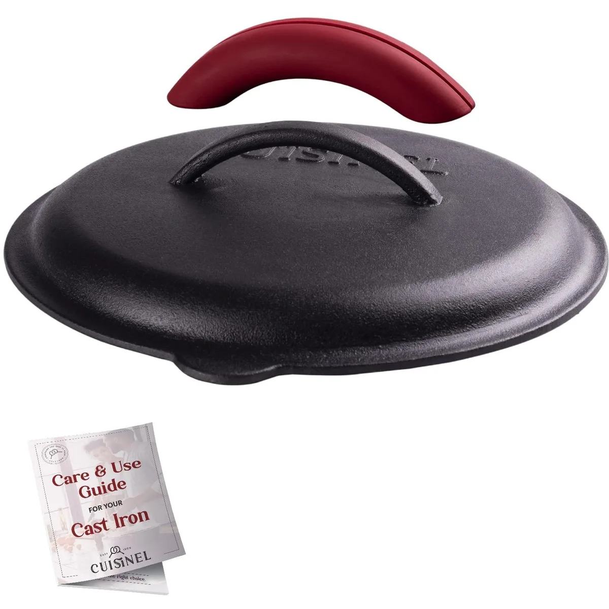 Black cast-iron lid with silicone handle holder, 10 inch