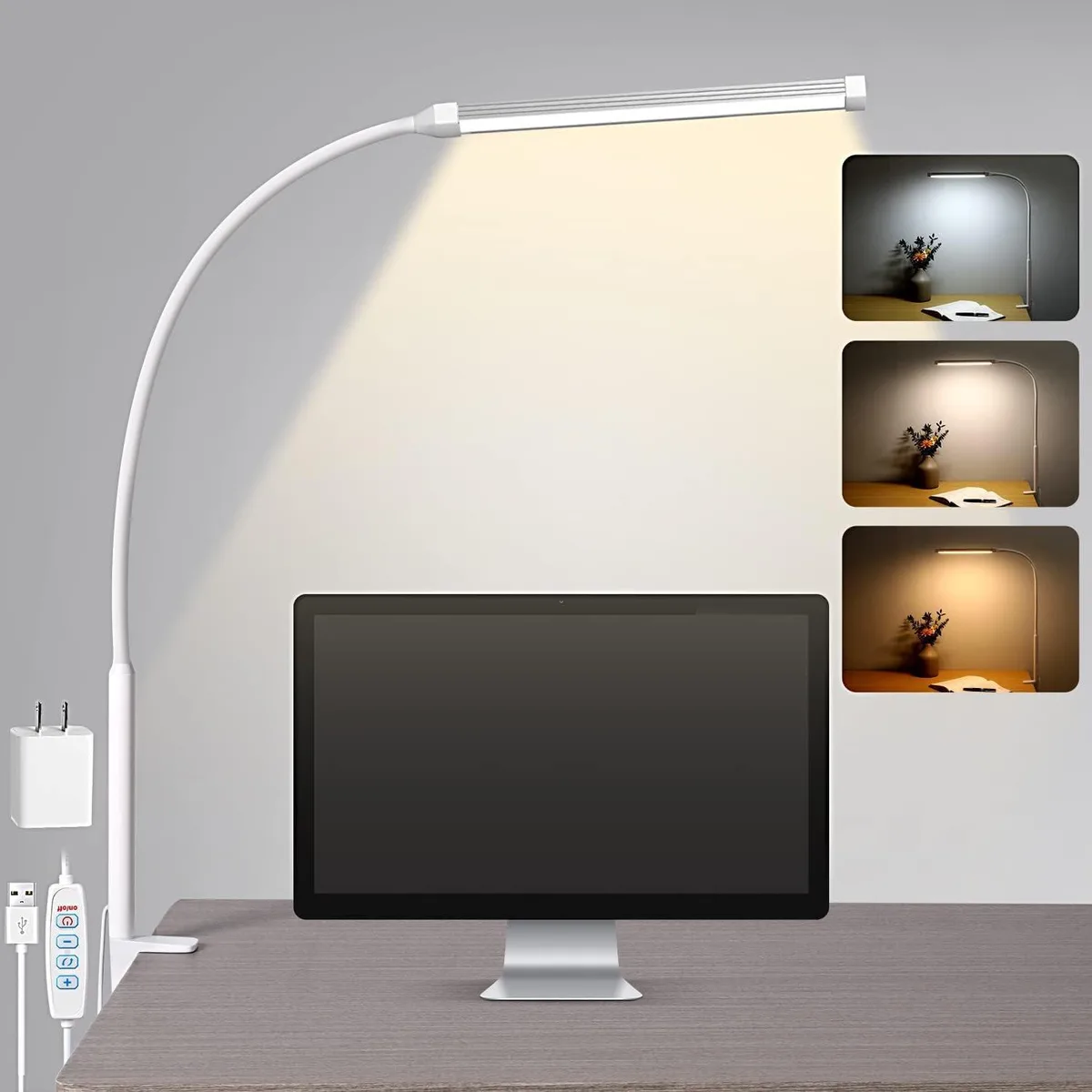 BFKK BFKK White Clip-on Desk Lamp 3 Modes 10 Brightness 360° Gooseneck USB Adapter — product photo