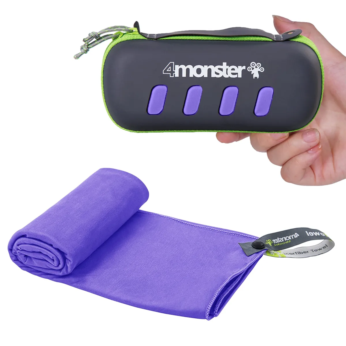 Purple microfiber travel towel folded in an EVA case
