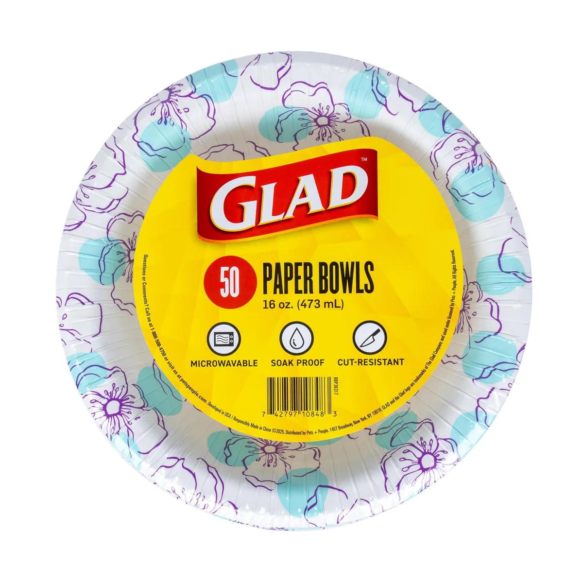 Pack of 50 round 16 oz paper bowls with blue flower design