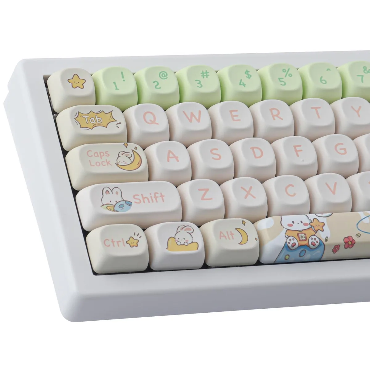 A set of 143 PBT keycaps in MOA profile with cute rabbit dye-sub legends, matte finish, includes puller