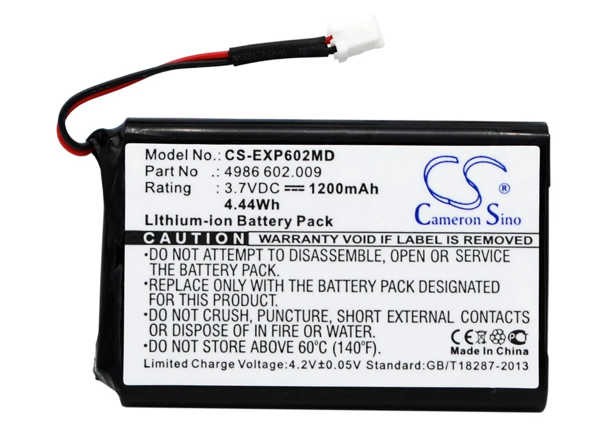 Small rectangular lithium-ion battery pack with gold contacts and green printed label