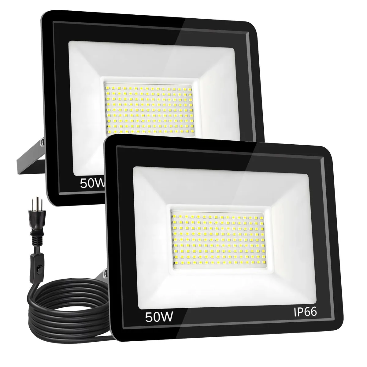 Two black aluminium LED floodlights with brackets and plugs