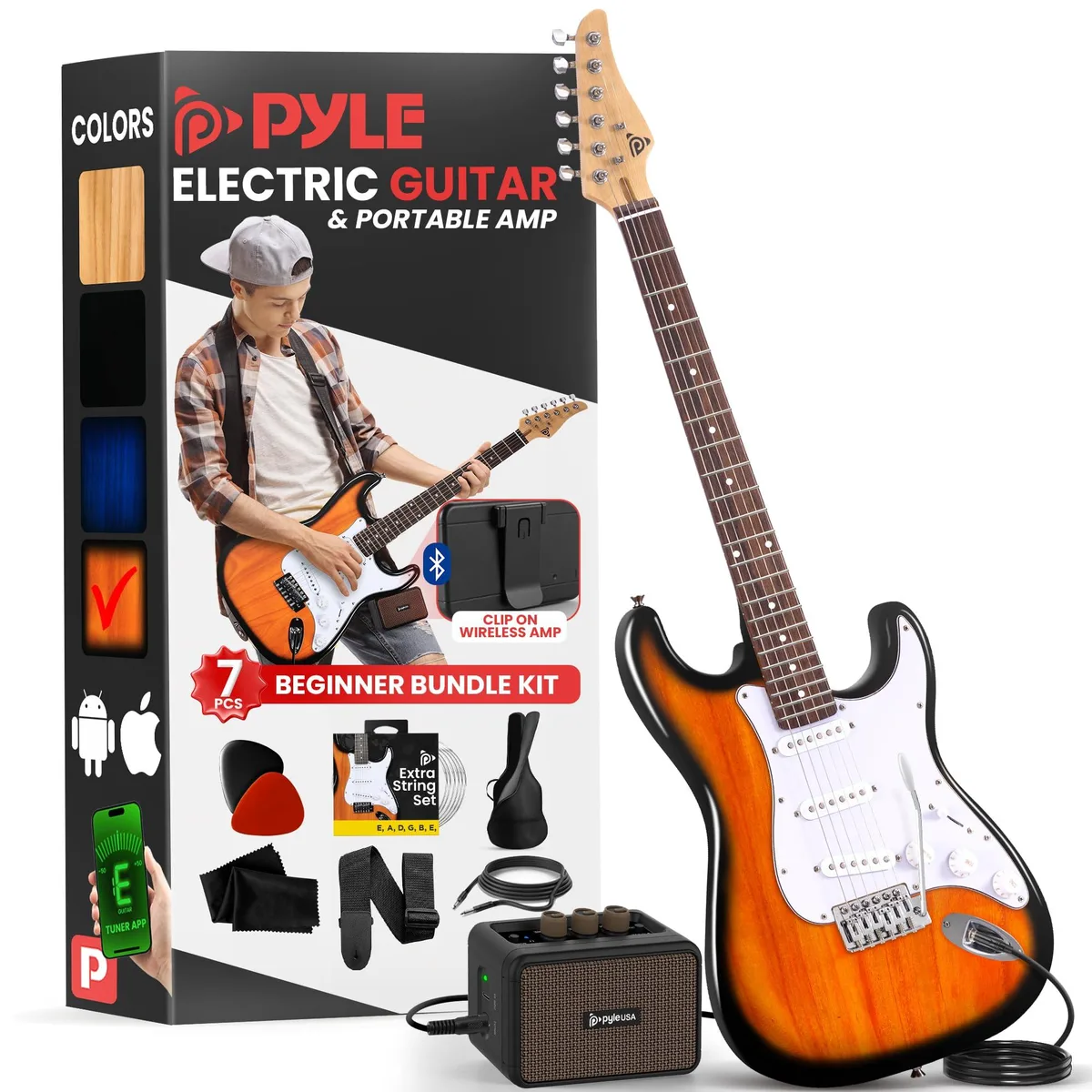 Full-size electric guitar in natural burst finish with 22 frets, 5W amplifier, gig bag, strap and accessories