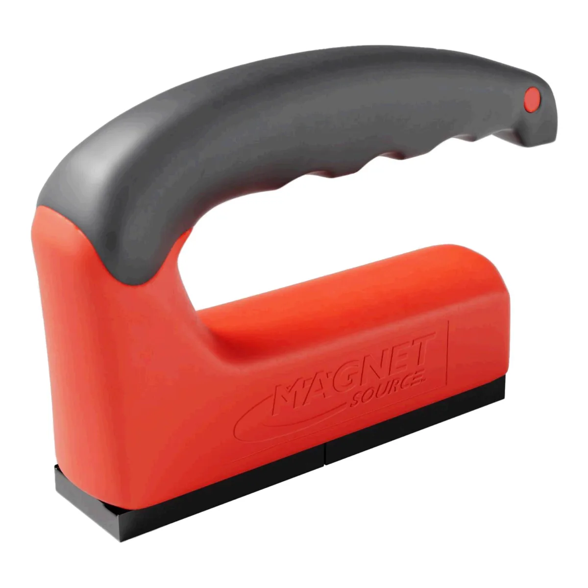 Compact red handheld lifting magnet with rubber grip handle and metal base