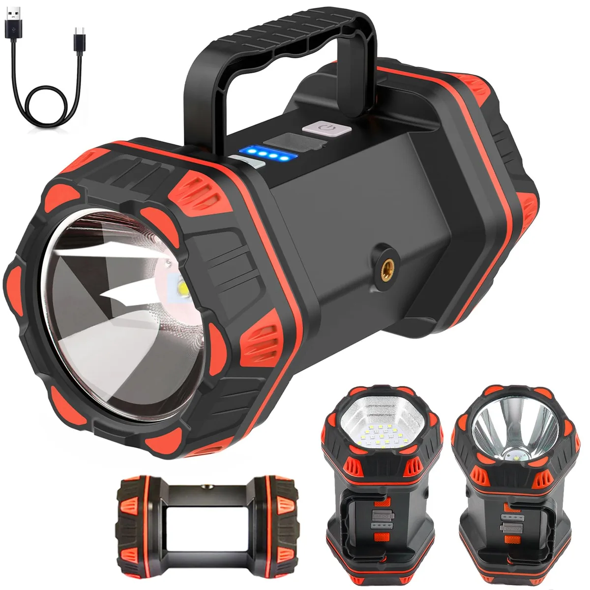 Black cylindrical lantern with rotating handle and side floodlights