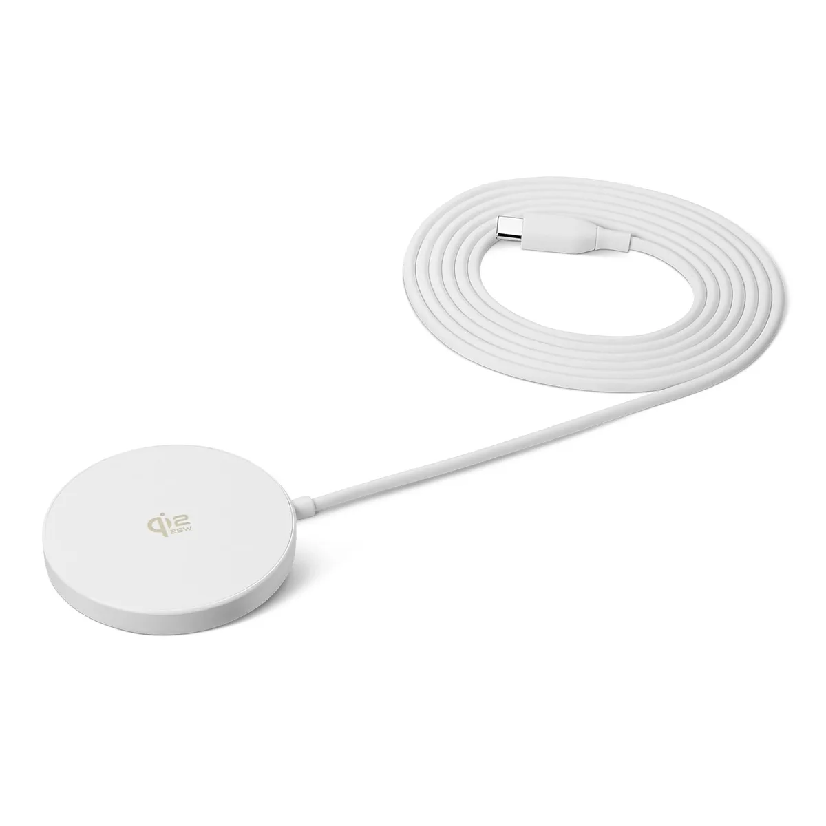 White square wireless charging pad with integrated 5ft USB-C cable lying flat