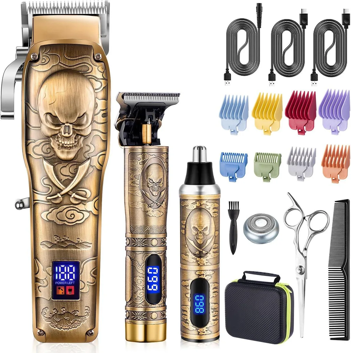 Gold metal hair clipper and trimmer set with T-blade, nose trimmer, guide combs, cape, scissors, USB cables, brush