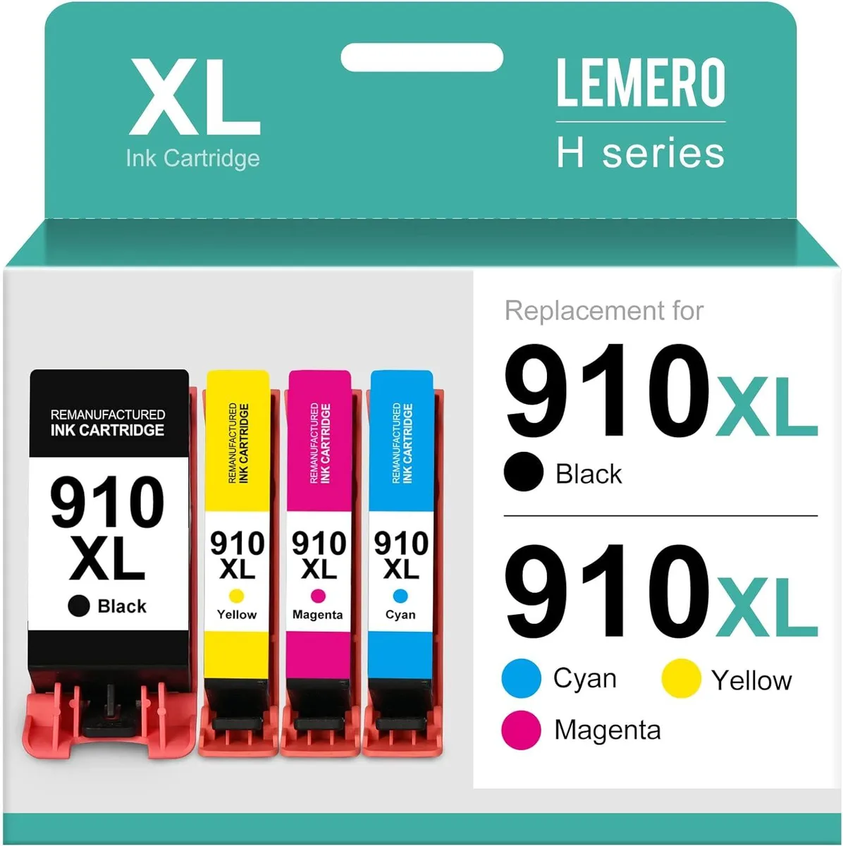 Four rectangular ink cartridges in black cyan yellow magenta