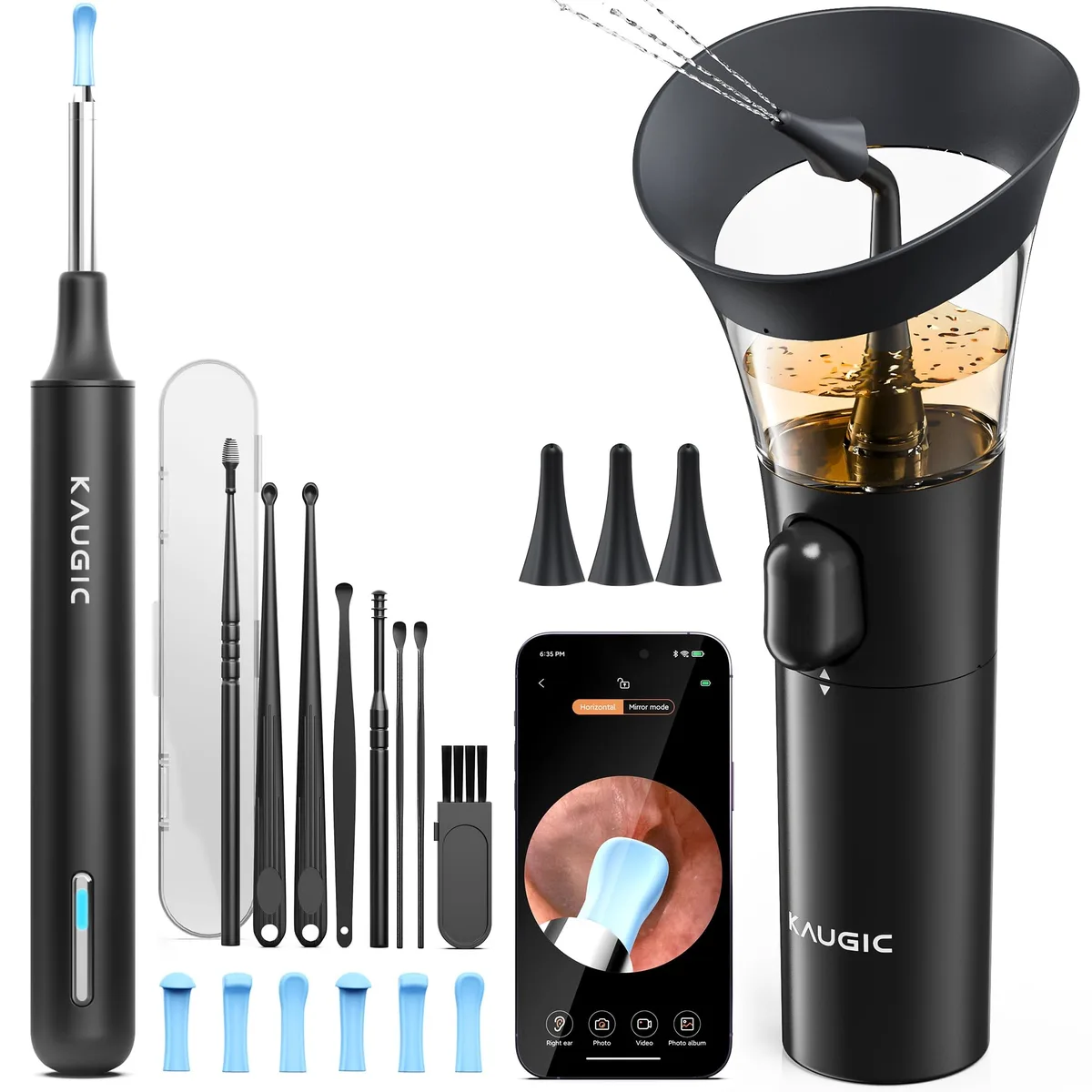 Black ear cleaner kit with camera and seven spoons