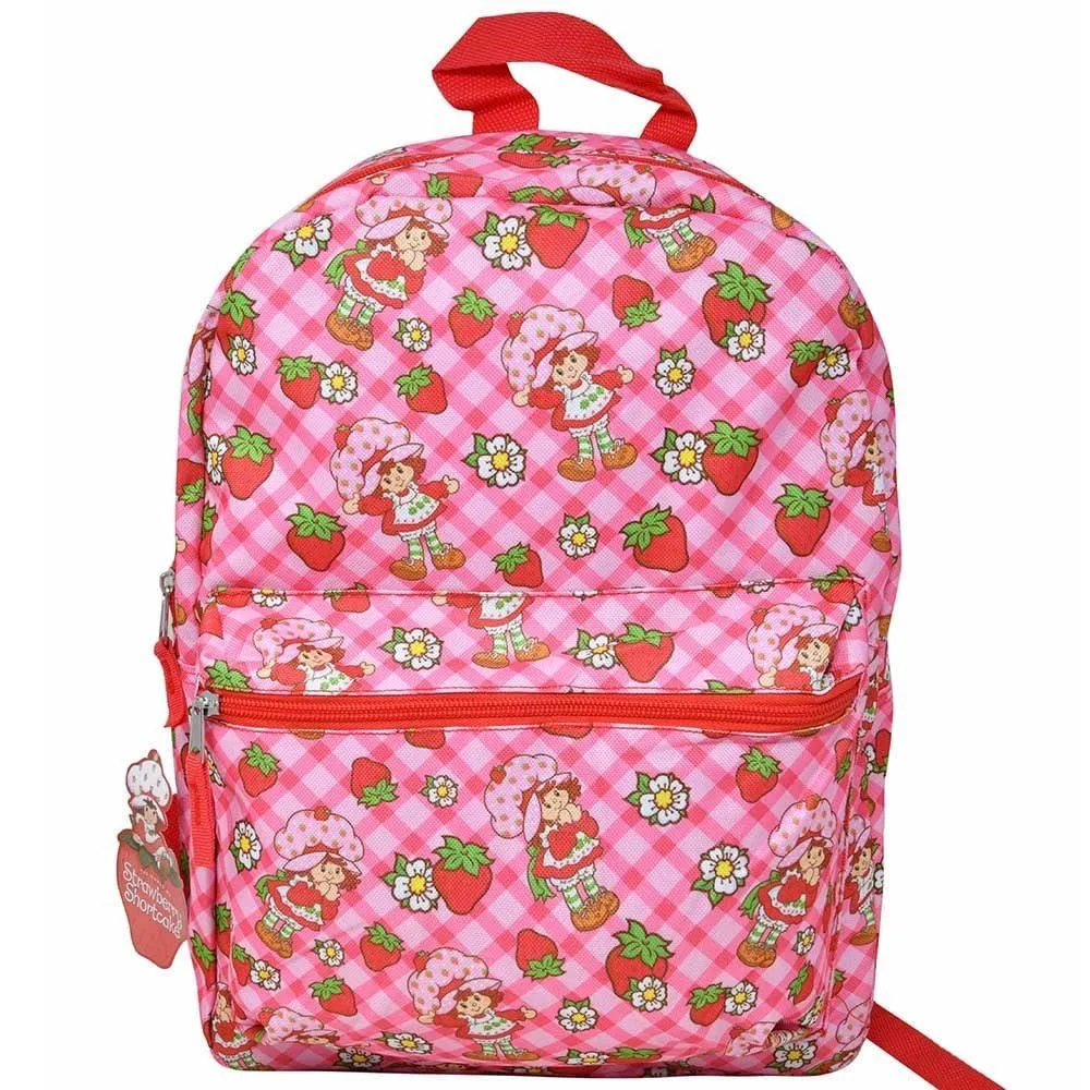 Beige canvas backpack with strawberry floral cartoon print, 16 inch height