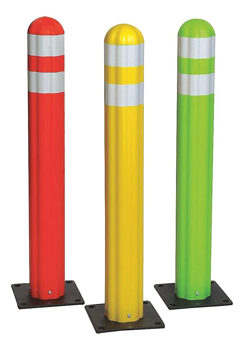 Yellow 42 in guidepost with silver reflective stripe, flat top, HDPE body, steel square base 10 in
