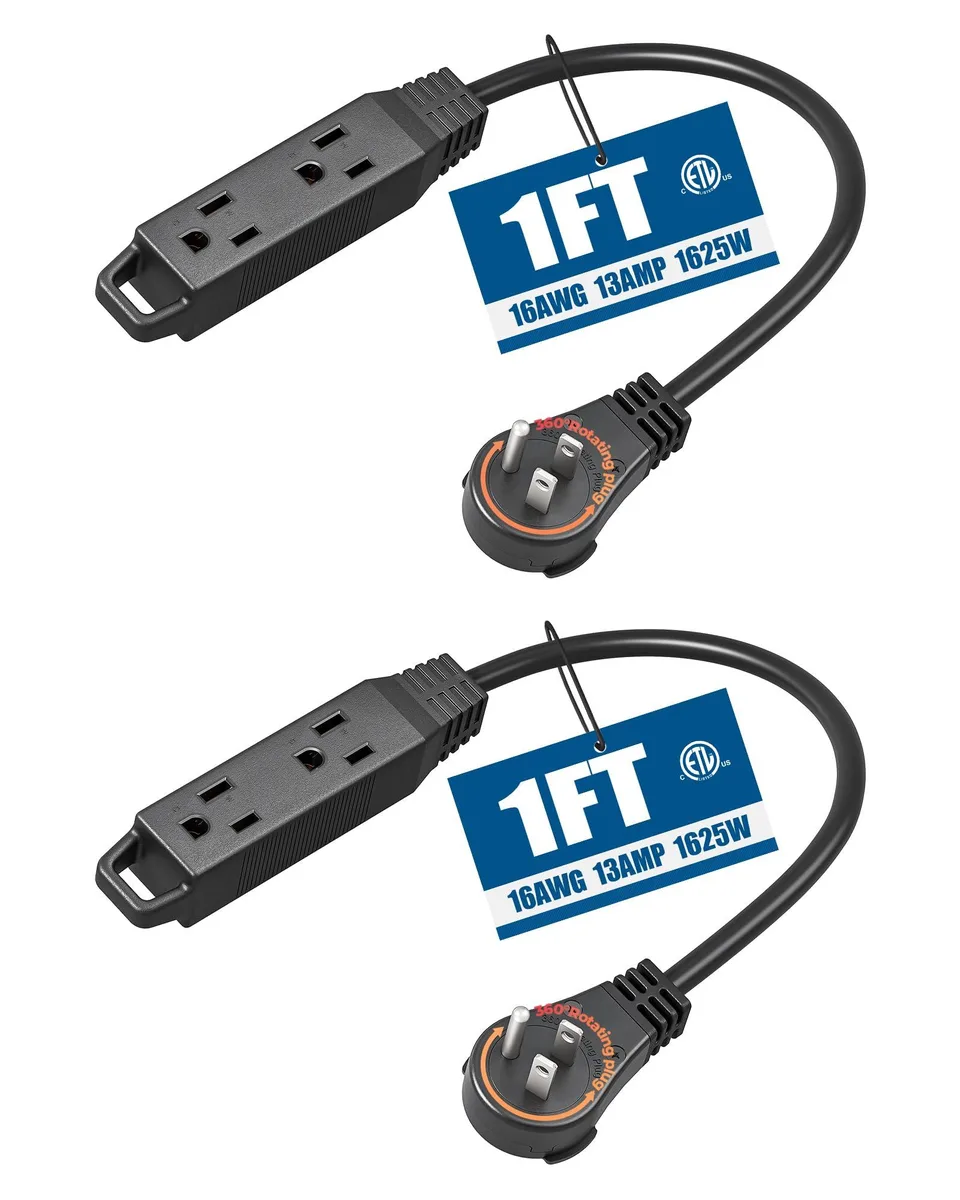  DEWENWILS LA004N/LA052P 1 ft 360° Rotating Flat Plug Power Extension Cord 3 Outlet 13A 125V 1625W Black 2 Pack — product photo
