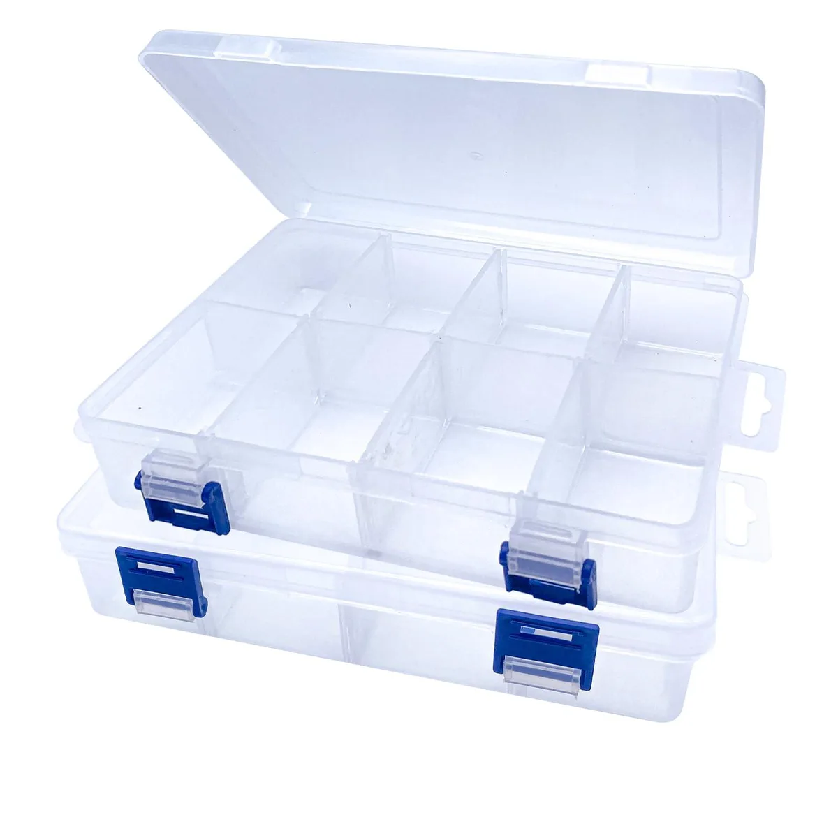 Two clear rectangular plastic boxes with adjustable grid dividers and double buckle latches