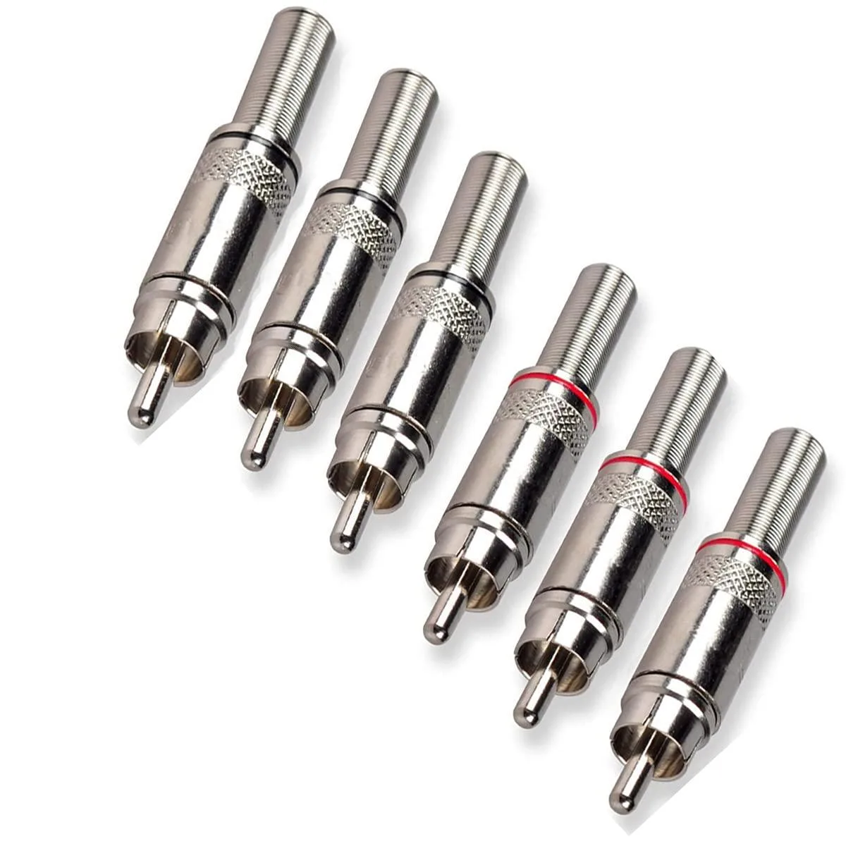Ten silver RCA male plugs with colour-coded bands and spring strain relief