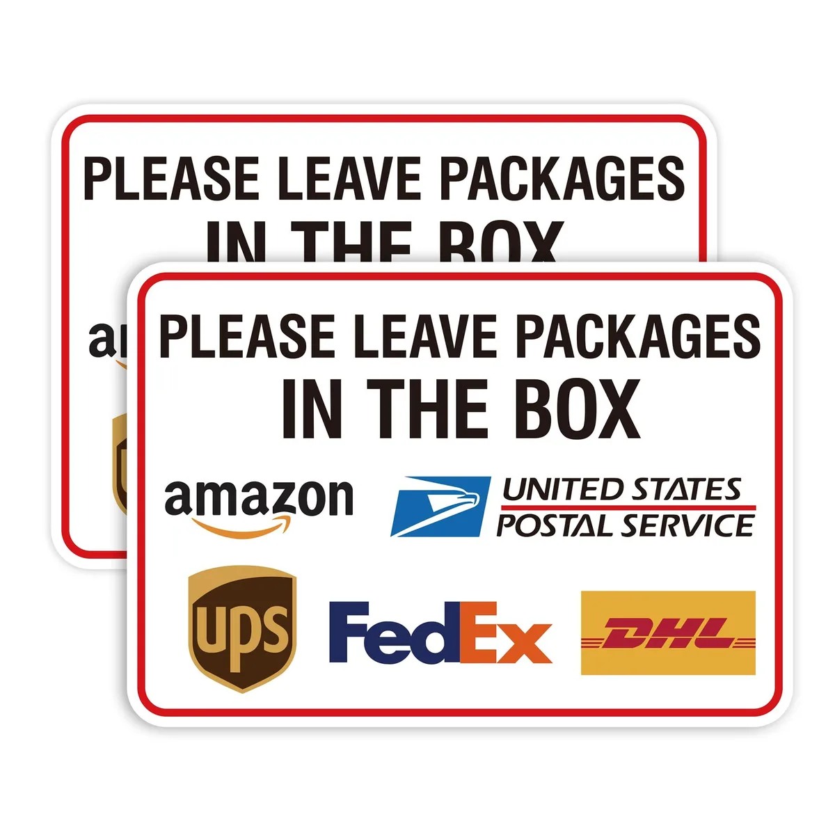 Two matte vinyl delivery signs, 8.3 by 5.5 inches, self-adhesive, portrait orientation