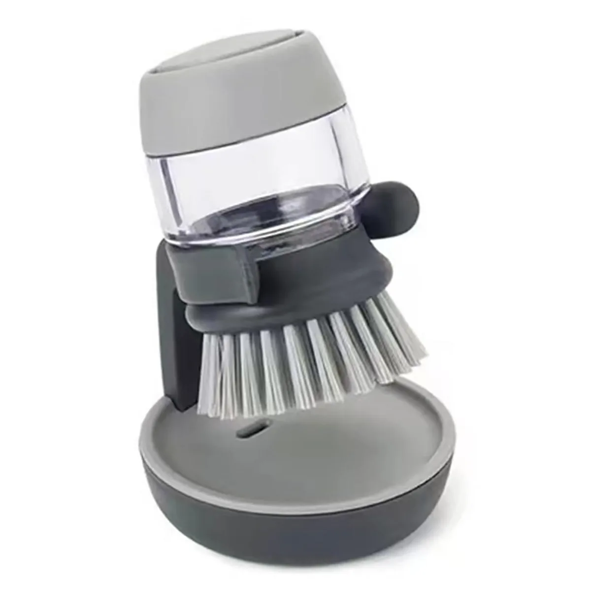 Grey dish brush with soap dispenser and drip tray holder