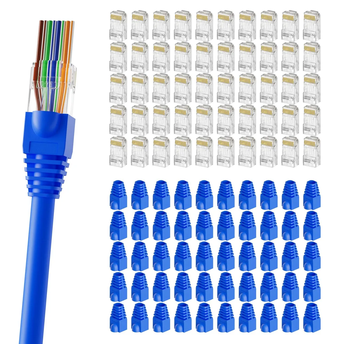 CableGeeker CG-YBL-PTRJ45BT-CL-CO-200P Cat6 RJ45 Pass-Through Connector 100-Pack Blue — product photo