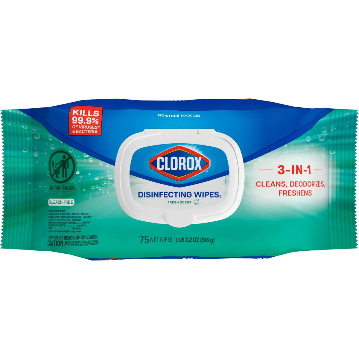 Flexible pack of 75 white disinfecting wipes, bleach free, fresh scent