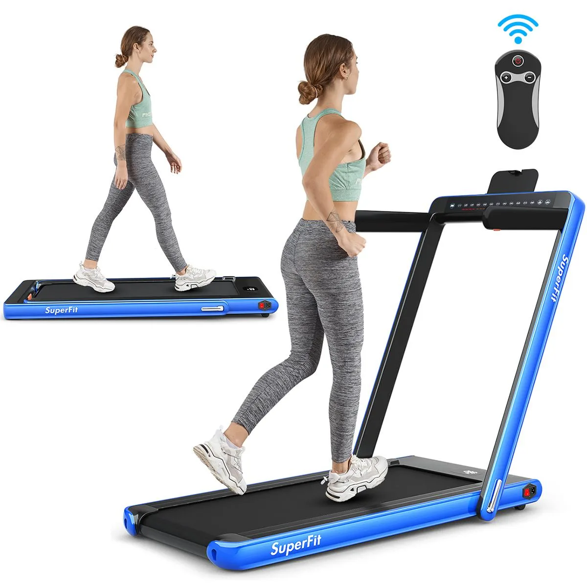 Blue folding treadmill with dual display screens and front transport wheels
