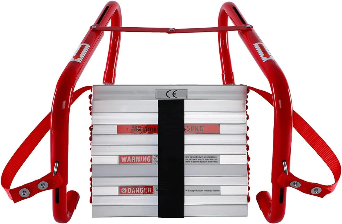 Retractable fire escape ladder with wide aluminum steps and steel hooks, folded for storage