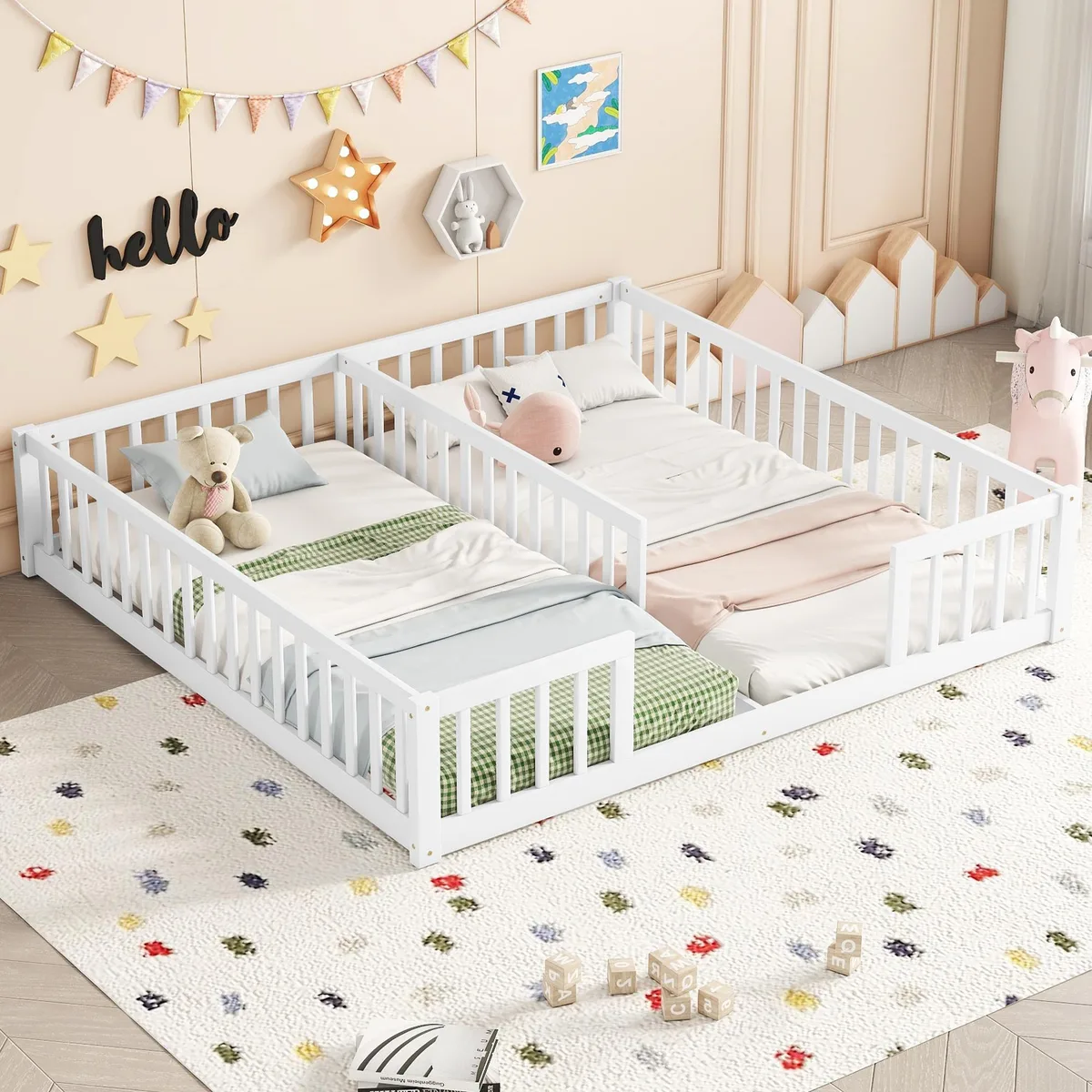 Low white pine floor bed with full guardrails and single opening