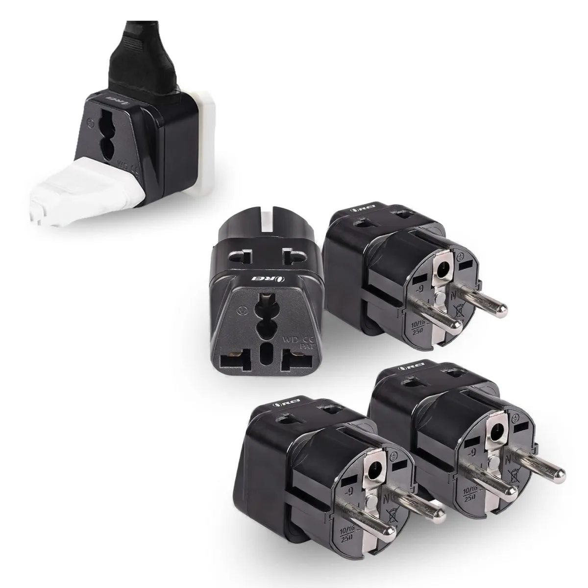 Four white travel adapters with Schuko sockets and top pin holes