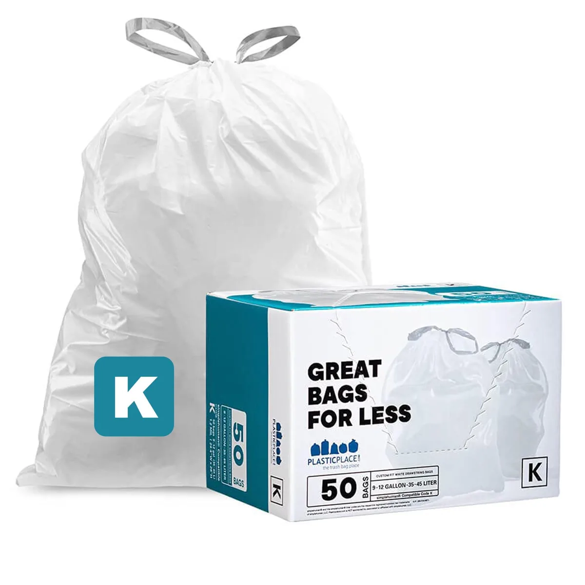 White drawstring trash bags in a 50-count pack for 10-gallon cans