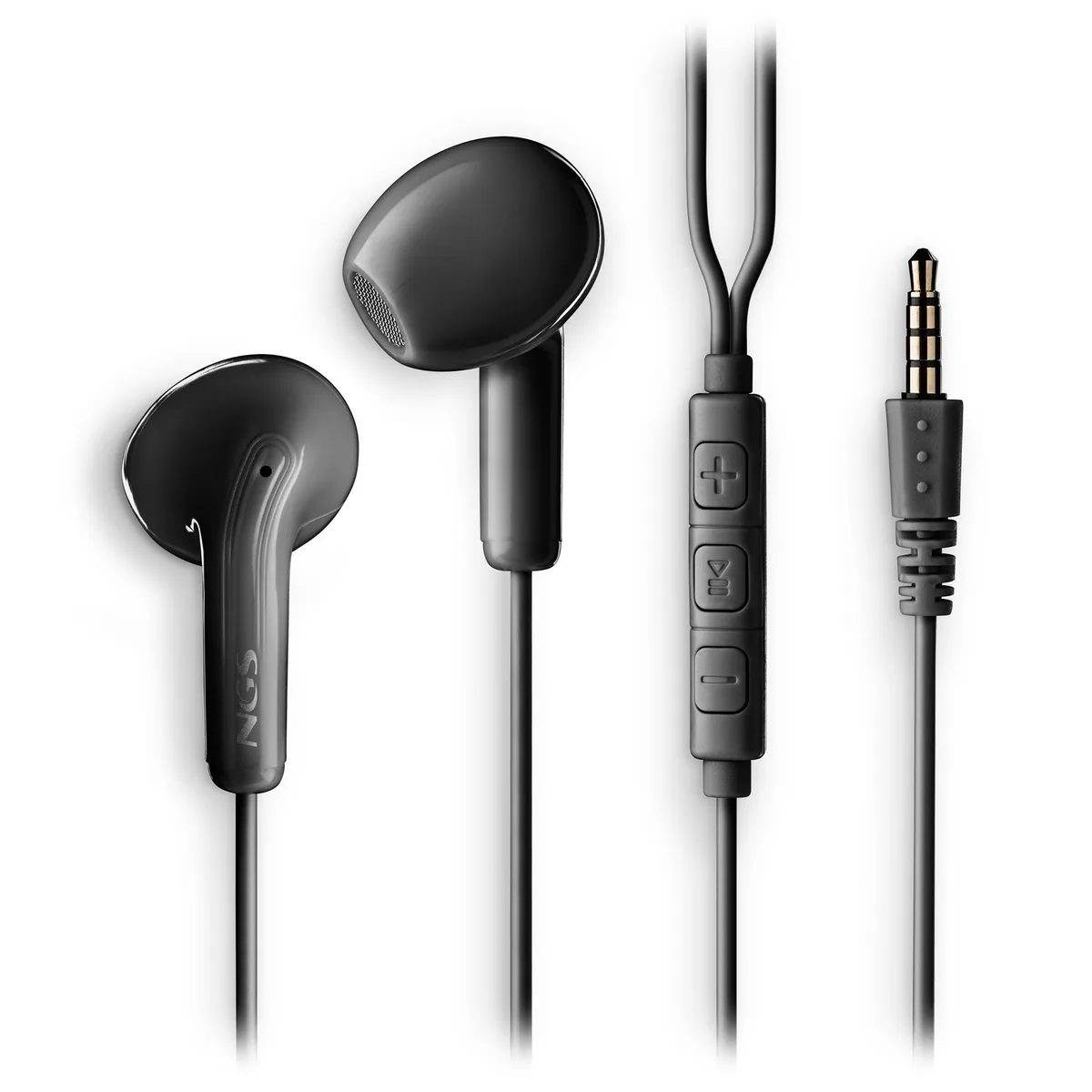 Black in-ear wired earphones with inline mic and control button, 3.5mm jack, 1.2m cable