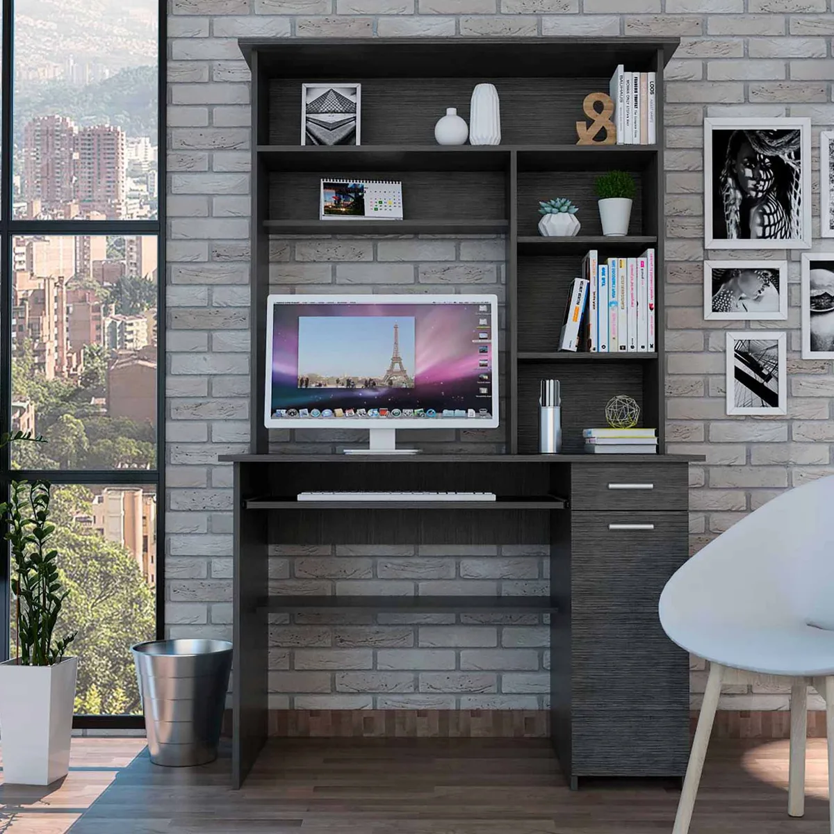 FM FURNITURE FM FURNITURE FM5721ELI Desk 43.3"W 22.9"D 2 Drawers 6 Shelves Hutch Gray Oak — product photo