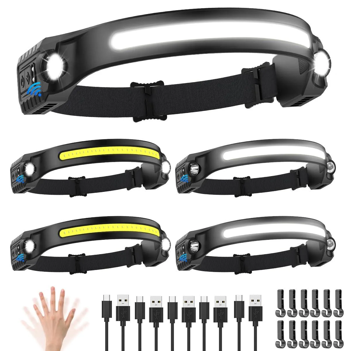 Five black rechargeable headlamps in a pack, each with wide COB panel and two side spotlights