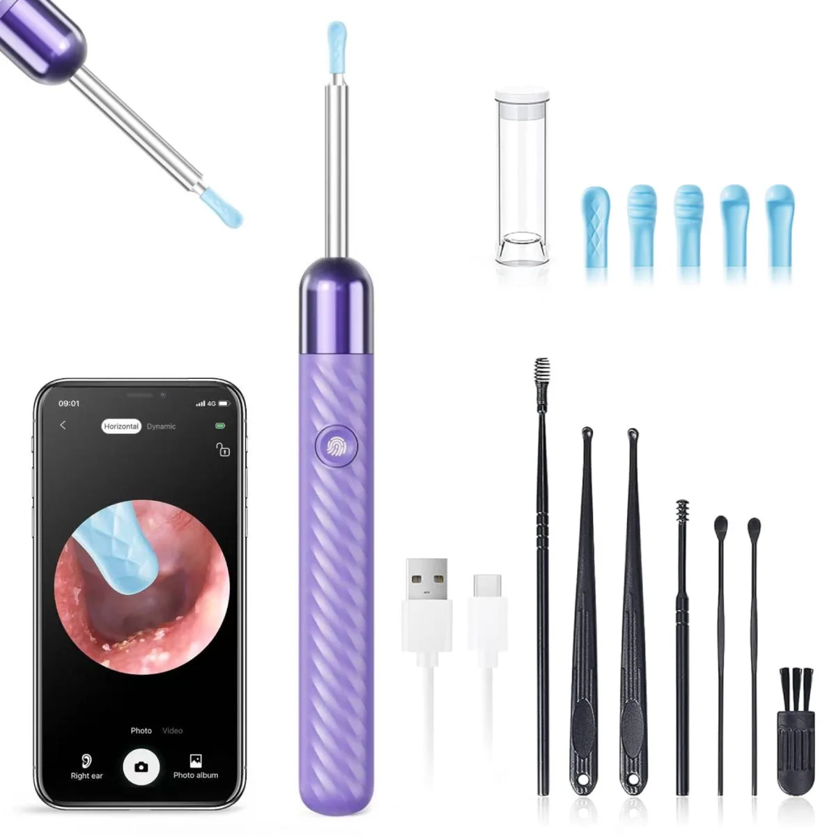 Purple ear camera with spoon attachments, compact wand shape