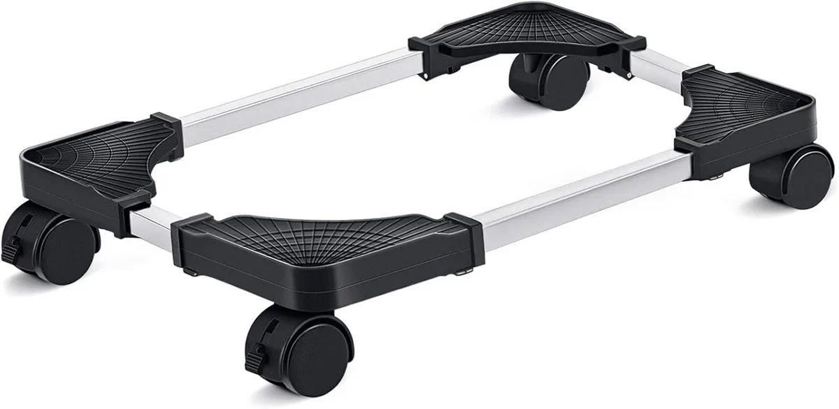 Black metal frame with four locking casters, adjustable width and length to hold a computer tower