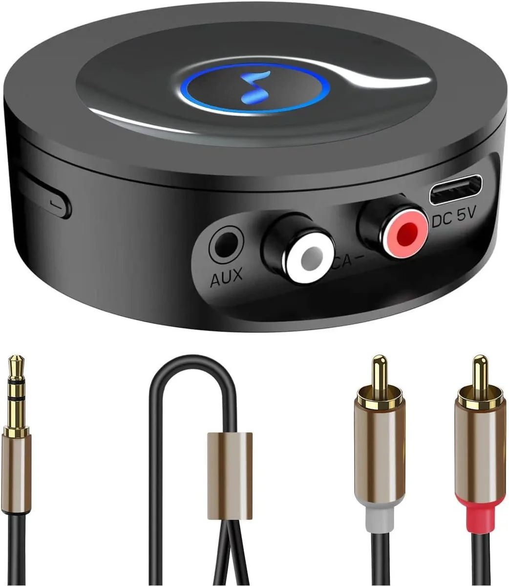 Compact gray Bluetooth 5.2 receiver with RCA and 3.5mm outputs, 2.75in square and 37g