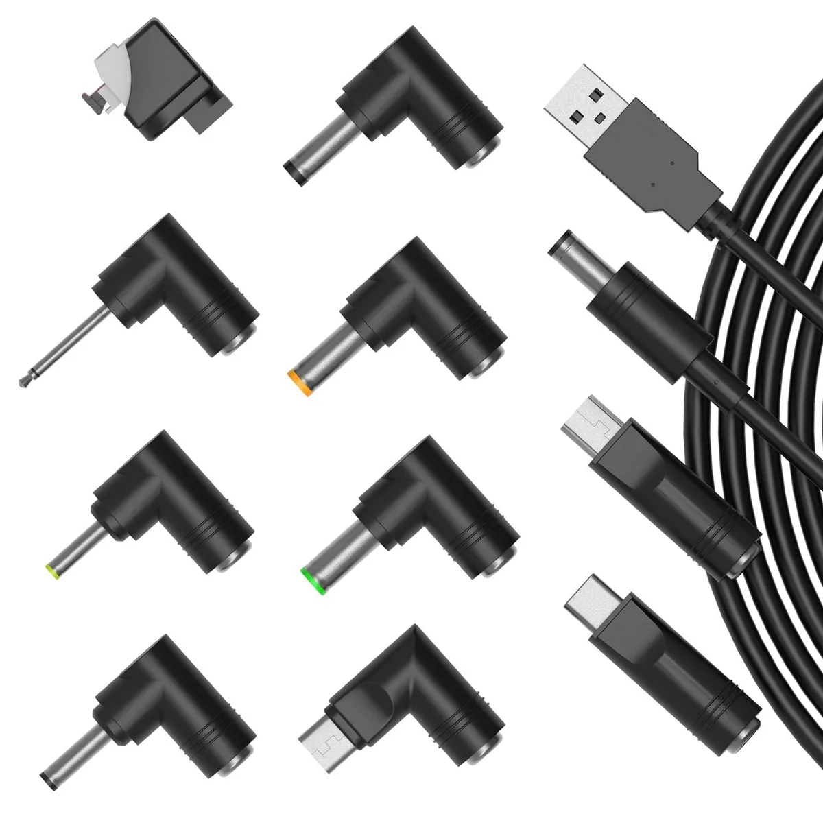  IBERLS USB to DC 5V Power Cable 5.5x2.1mm 10 Tips Kit computer power adapter cord — product photo