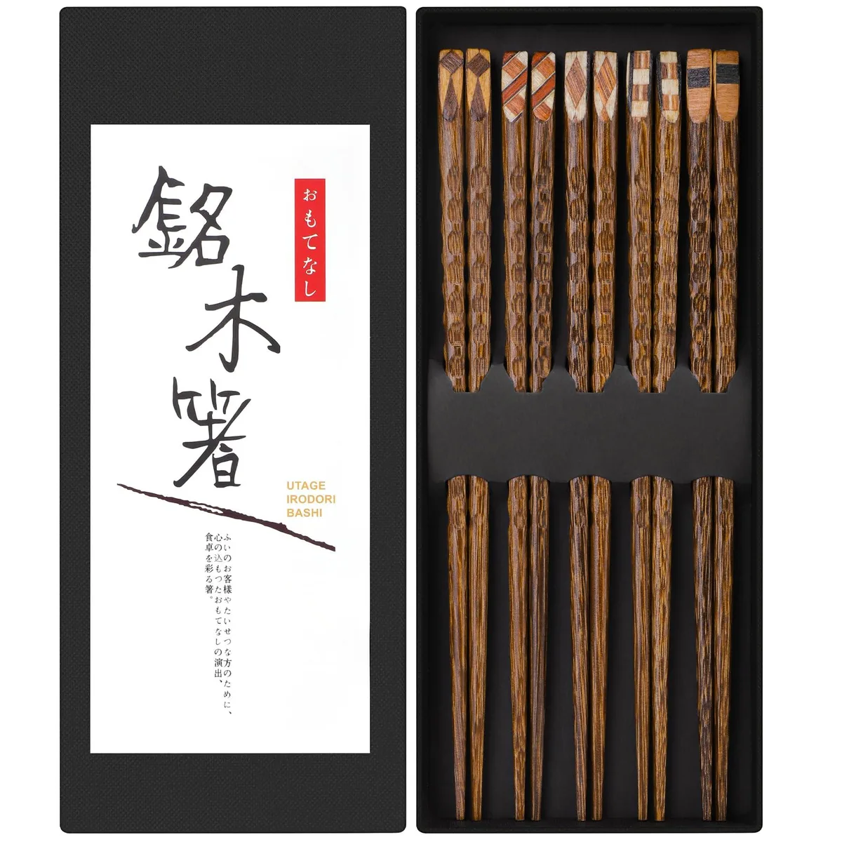 Seven black stainless-steel spoons with wooden handles in a box