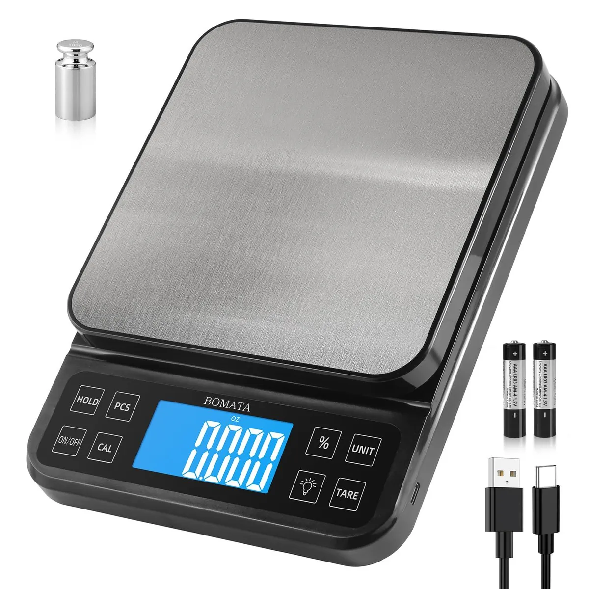 Black rectangular digital scale with stainless steel platform and LCD display, USB-C port visible on side