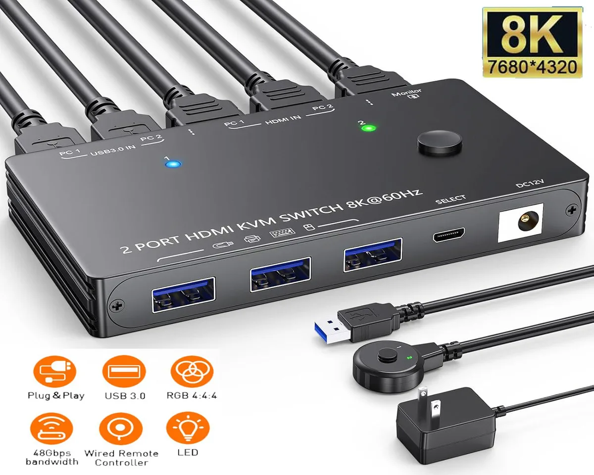 IHDAPP IHDAPP 2-Port HDMI 2.1 KVM Switch 8K@60Hz 4K@144Hz/120Hz 3 USB 3.0 Wired Remote 12V Power Adapter — product photo