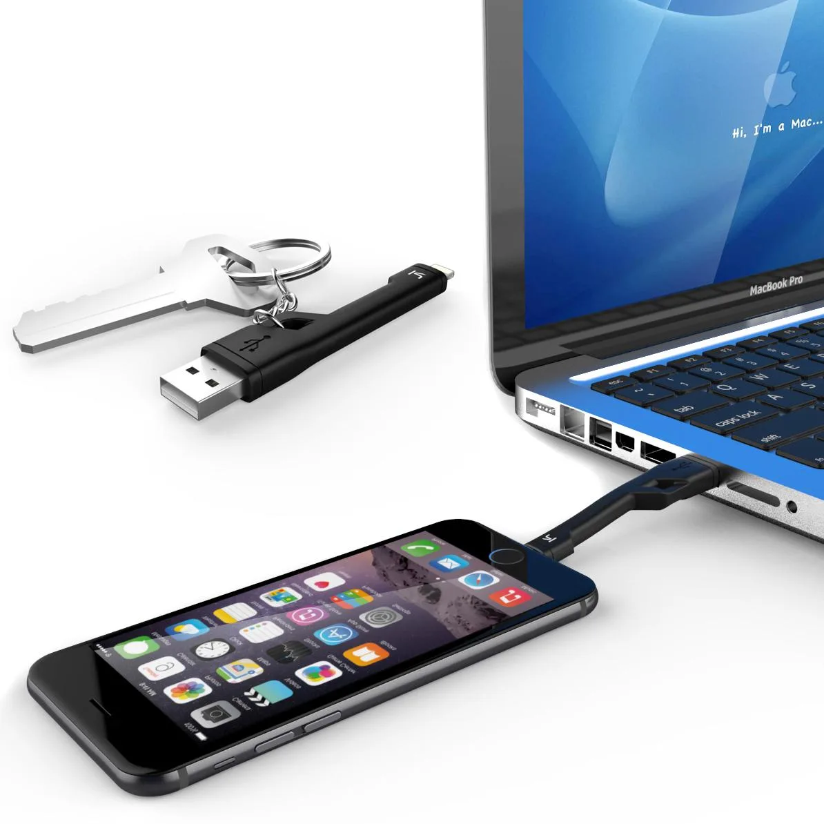 Short black Lightning-to-USB keychain cable, 3.5 inches
