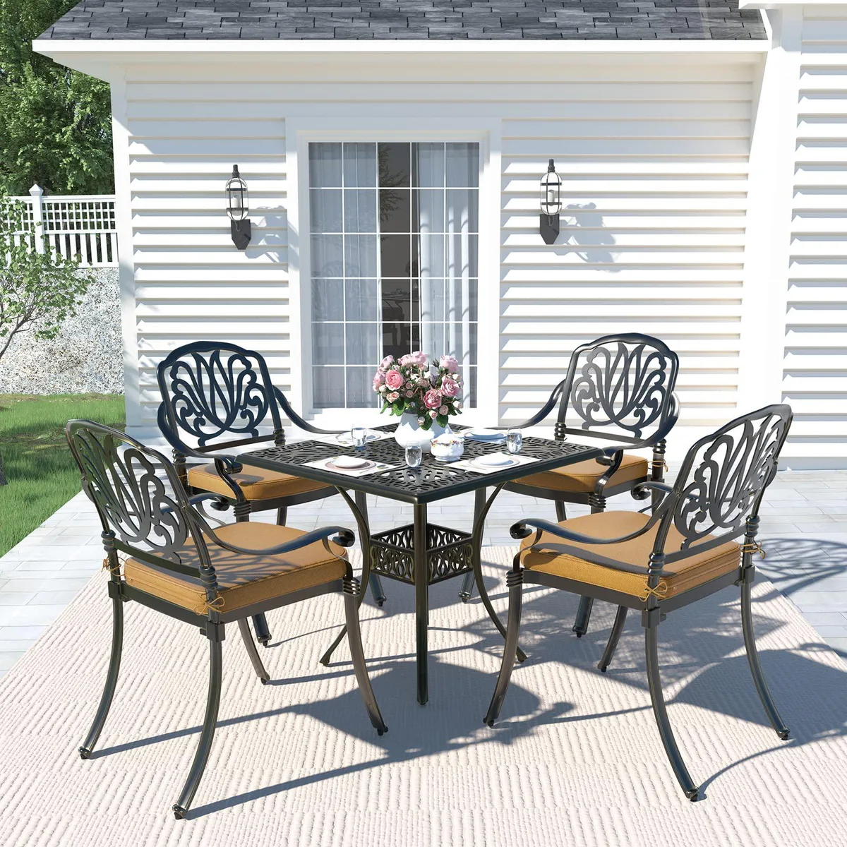 MEETWARM MEETWARM 5-Piece Cast Aluminum Patio Dining Set 35.4" Square Table 4 Chairs Cushions 2.2" Umbrella Hole — product photo