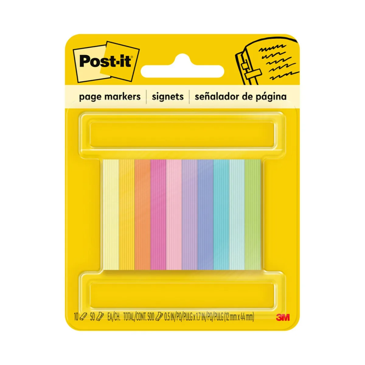 Pack of ten pads of assorted bright page markers, 500 sheets total
