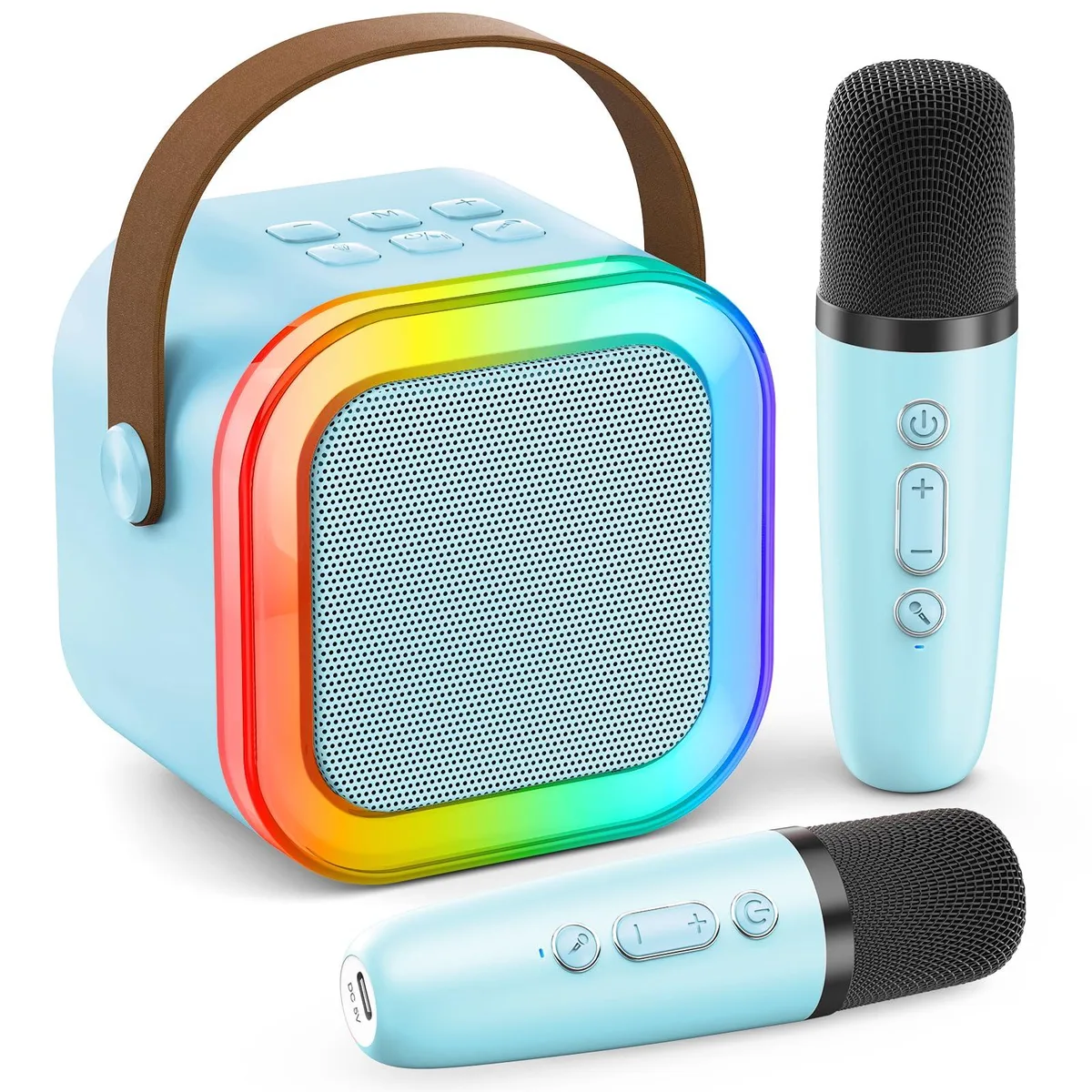 Light blue portable karaoke unit with two wireless mics